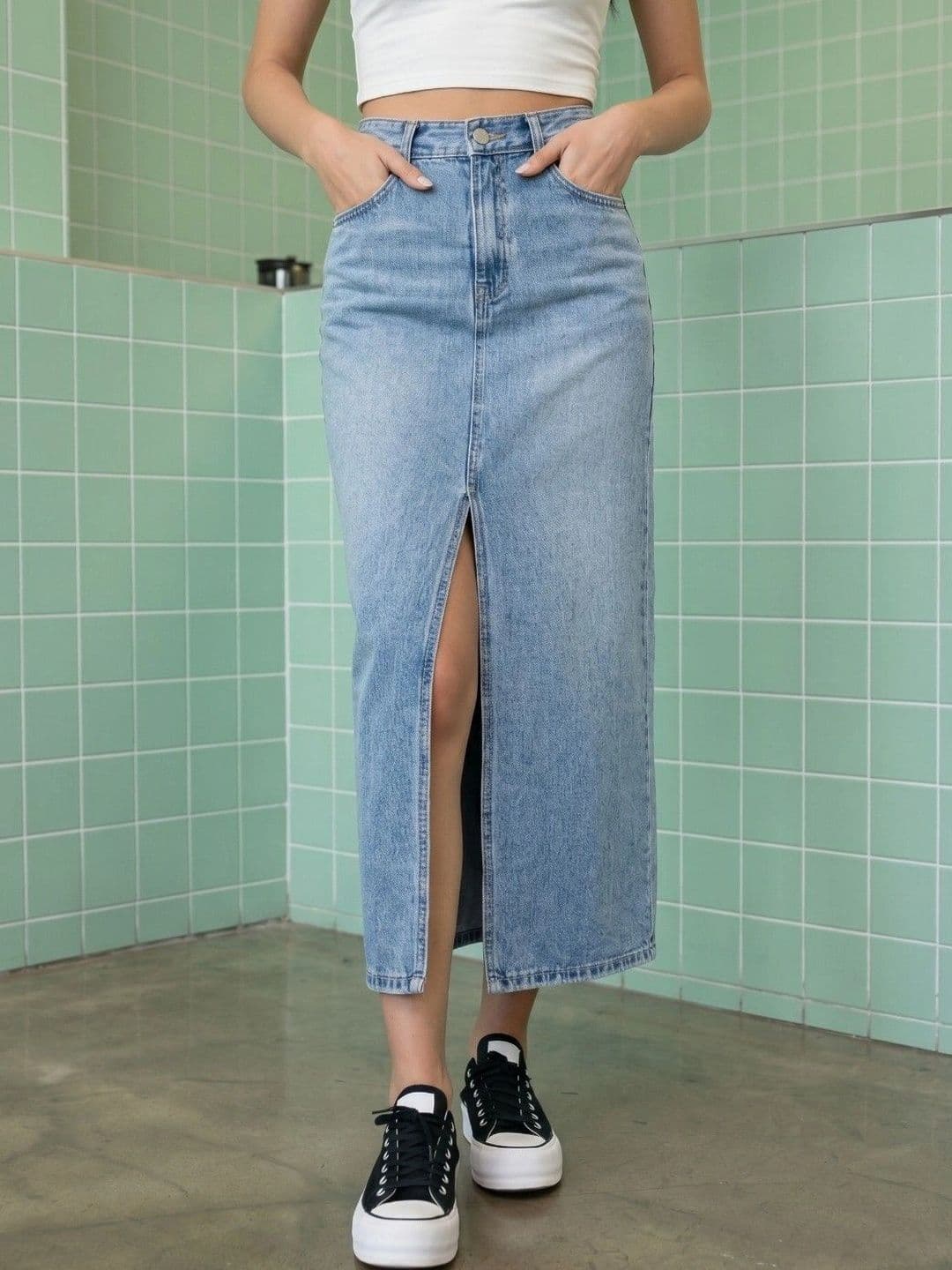 DressBerry Women Denim Blend Washed Front Slit Midi Straight Skirt - view 1