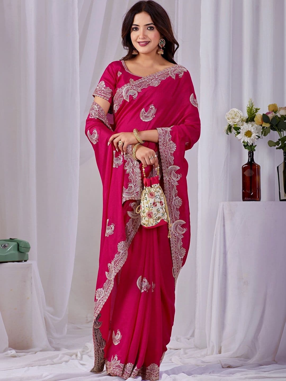 CELEUM Embellished Embroidered Supernet Saree - view 1