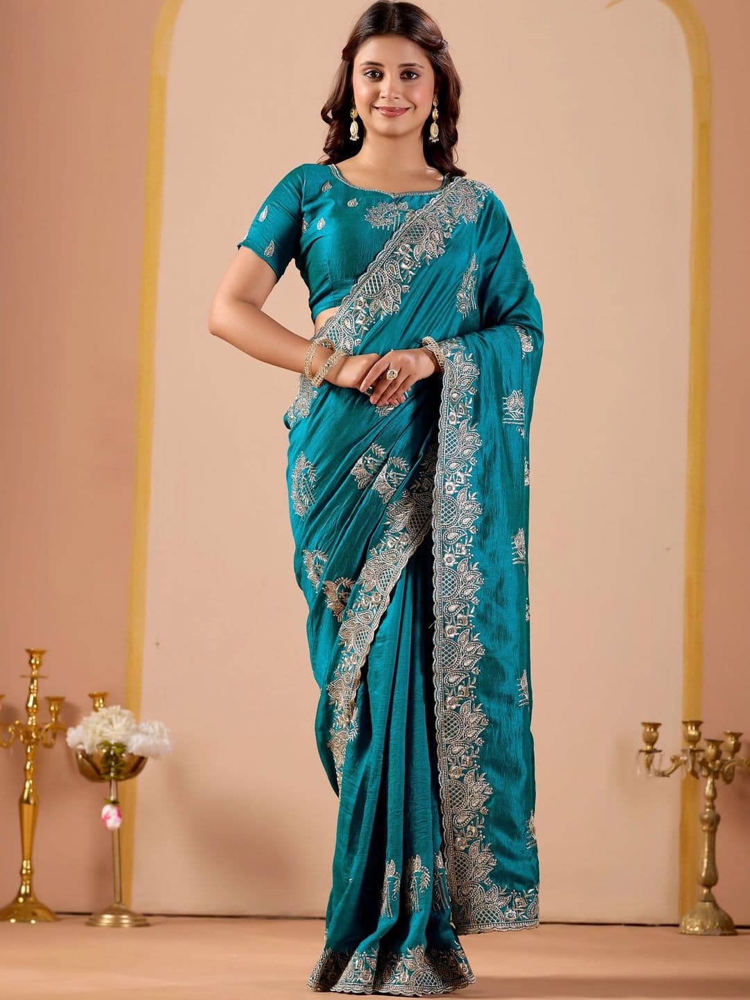 CELEUM Floral Embroidered Supernet Saree - view 1