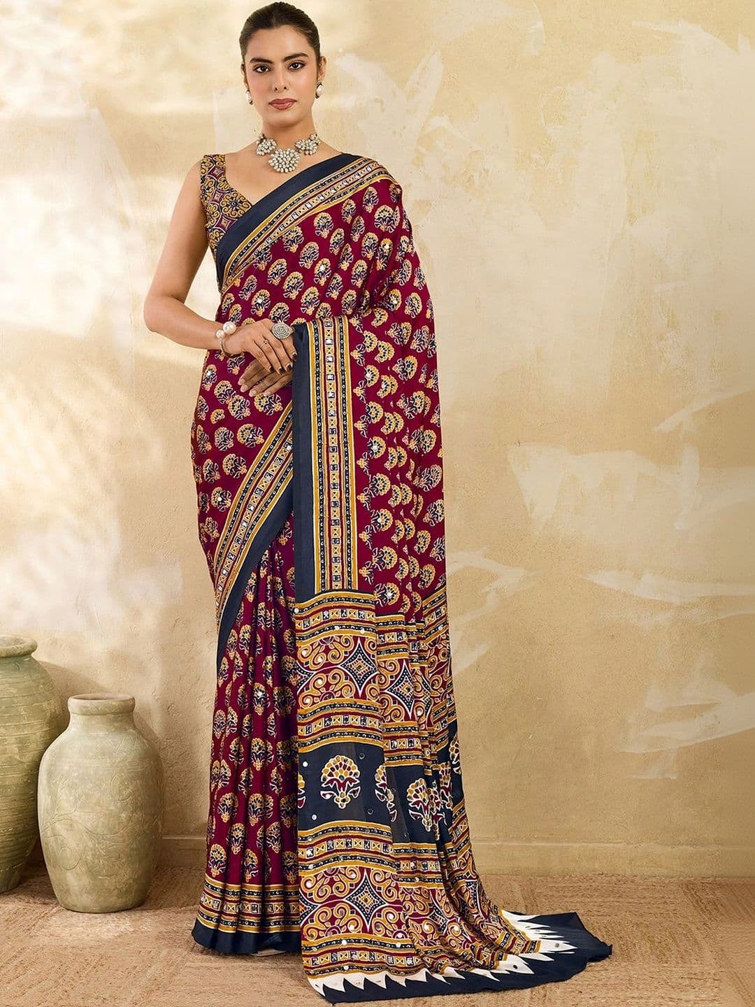 Sangria Ajrak Block Mirror Work Satin Designer Block Print Saree - view 1