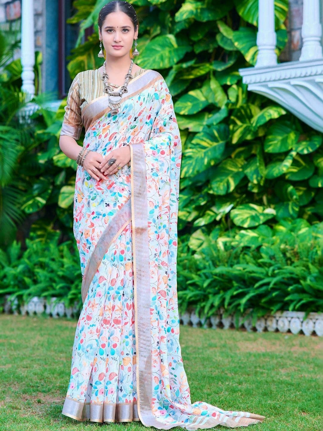 KALINI Floral Zari Pure Linen Fusion Saree - view 1
