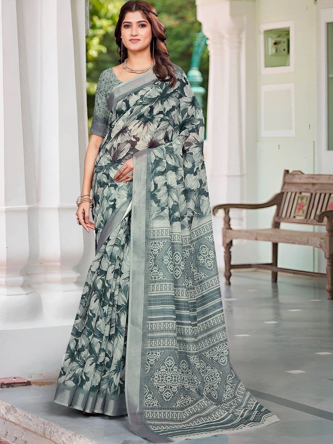 KALINI Floral Zari Pure Linen Fusion Saree - view 1