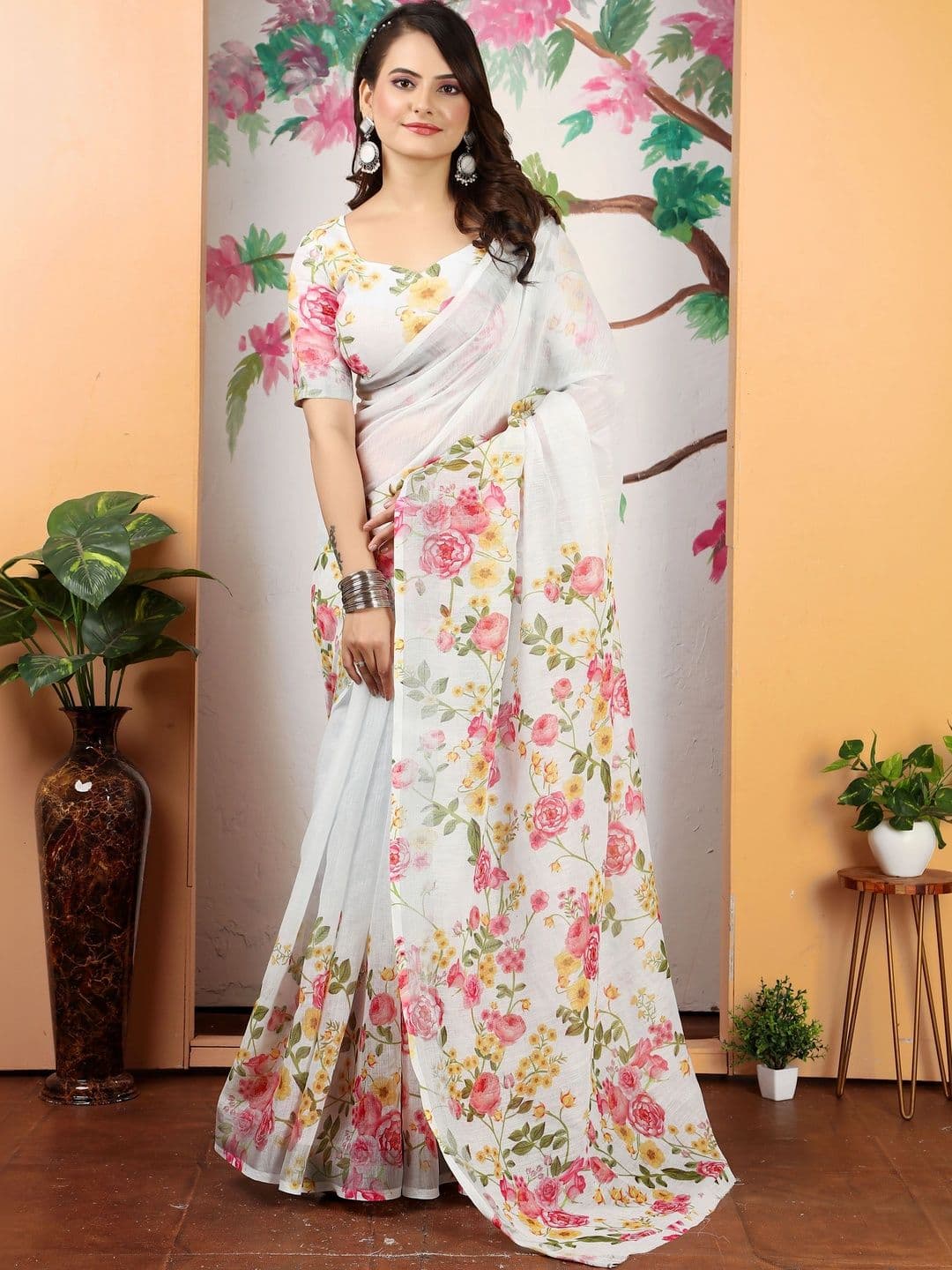 KALINI Floral Zari Pure Linen Fusion Saree - view 1