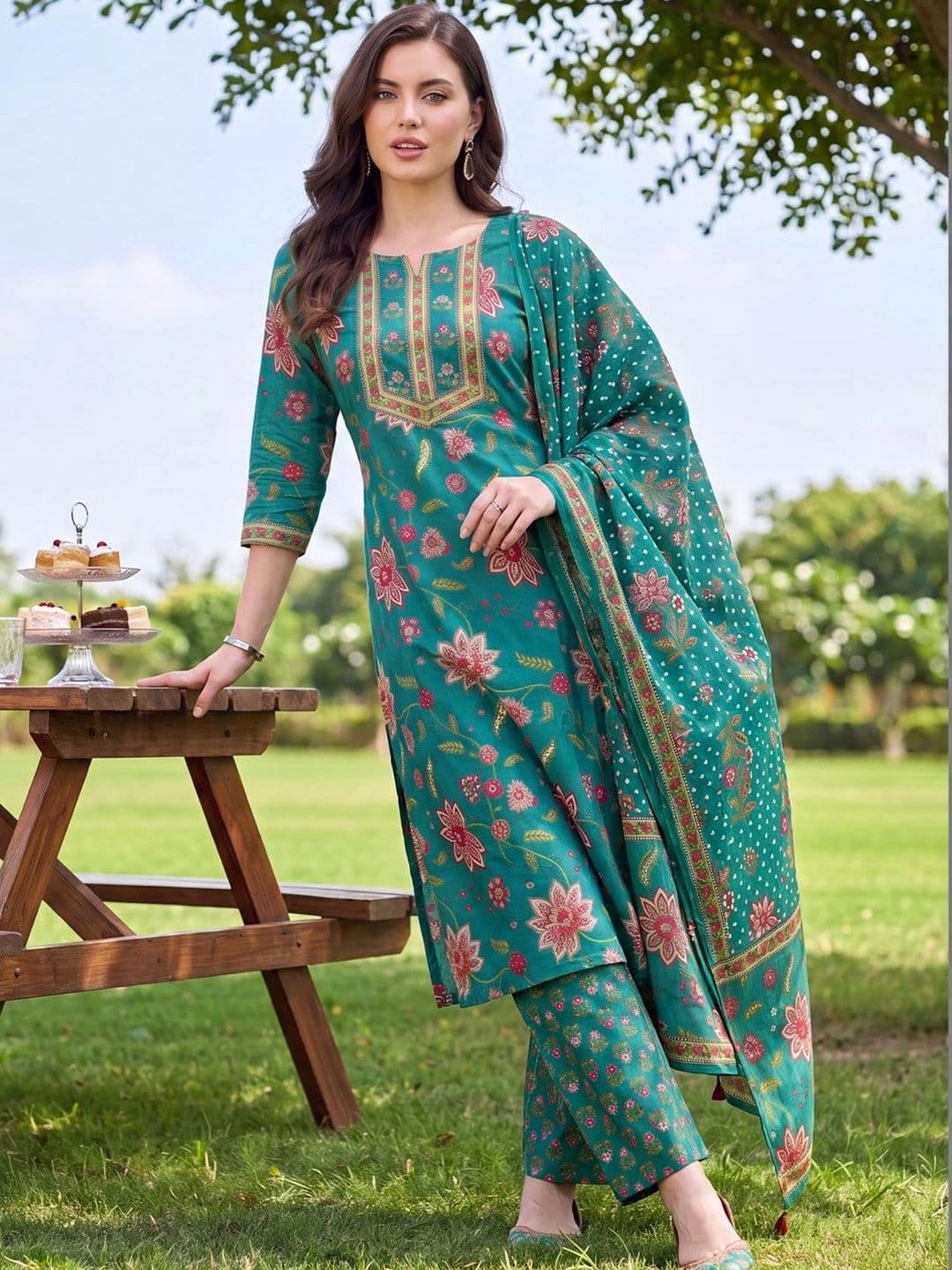 Indo Era Women Floral Printed Regular Thread Work Pure Cotton Kurta with Trousers & With Dupatta - view 1