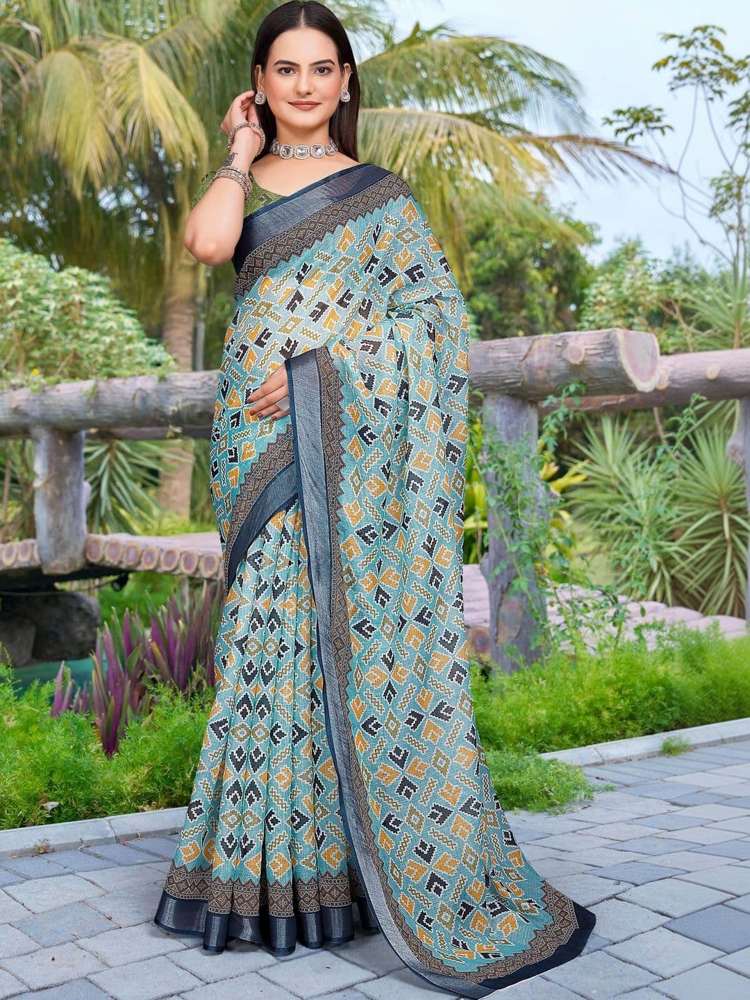KALINI Floral Zari Pure Linen Fusion Saree - view 1