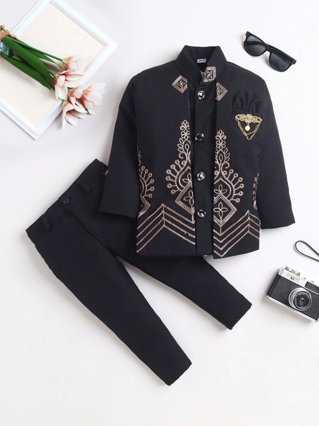 Miss & Chief Boys Embroidered Mandarin Collar Sherwani - view 1