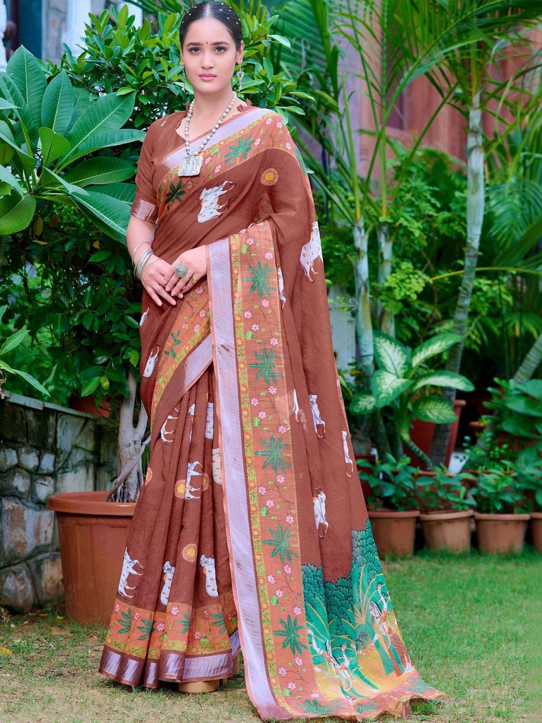 KALINI Floral Zari Pure Linen Fusion Saree - view 1