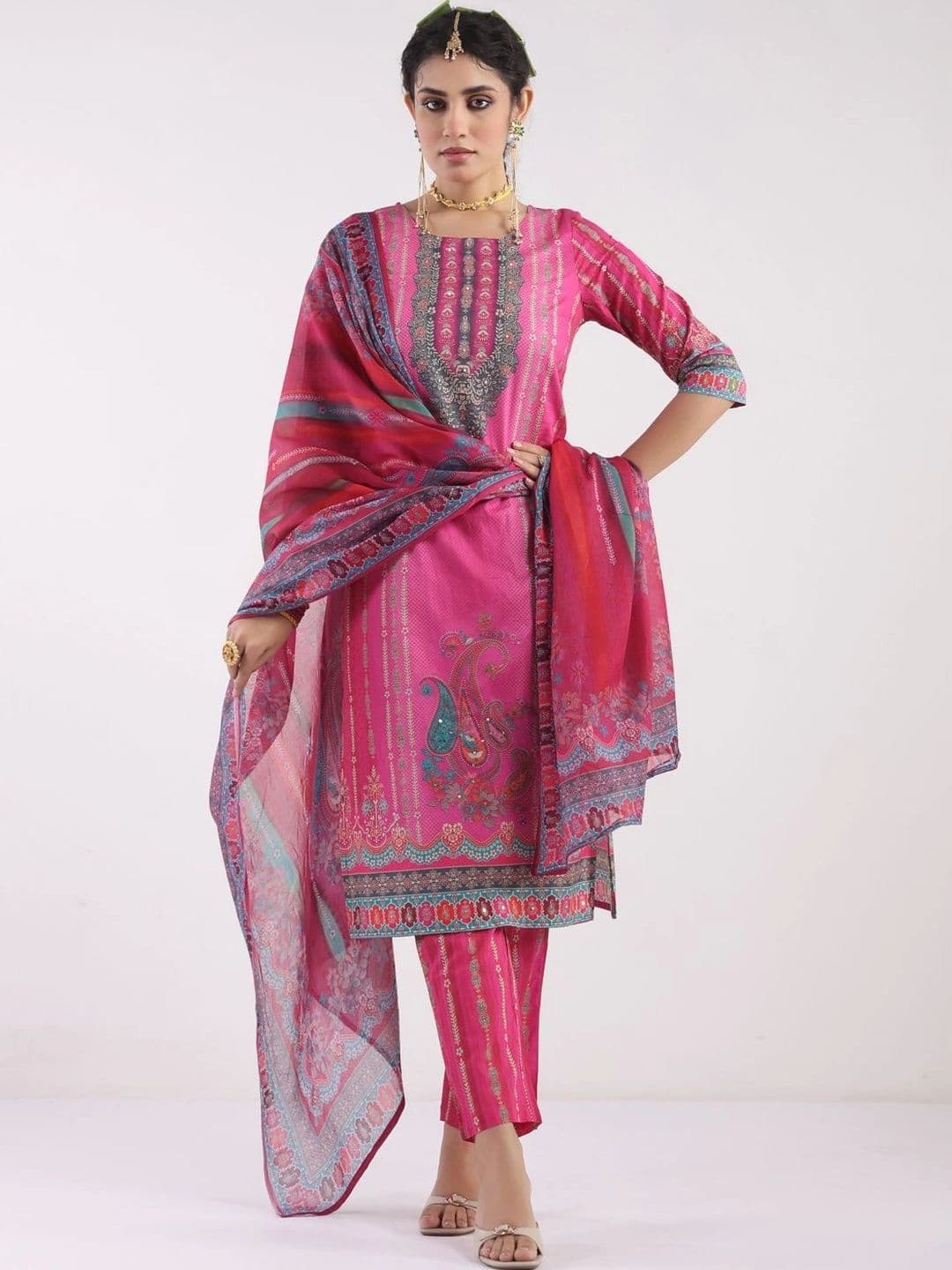 SOURAGYA Women Ethnic Motifs Printed Regular Pure Cotton Kurta with Trousers & With Dupatta - view 1