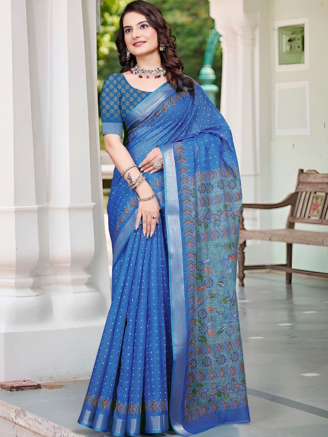 KALINI Floral Zari Pure Linen Fusion Saree - view 1