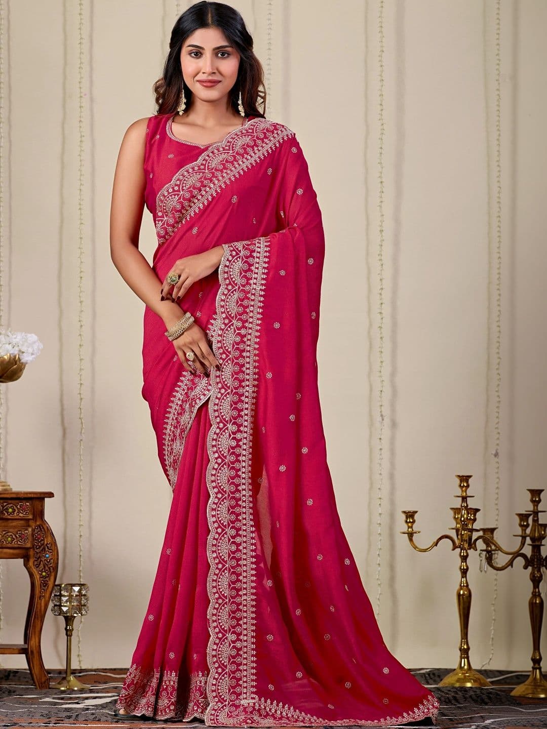 CELEUM Embellished Embroidered Supernet Saree - view 1