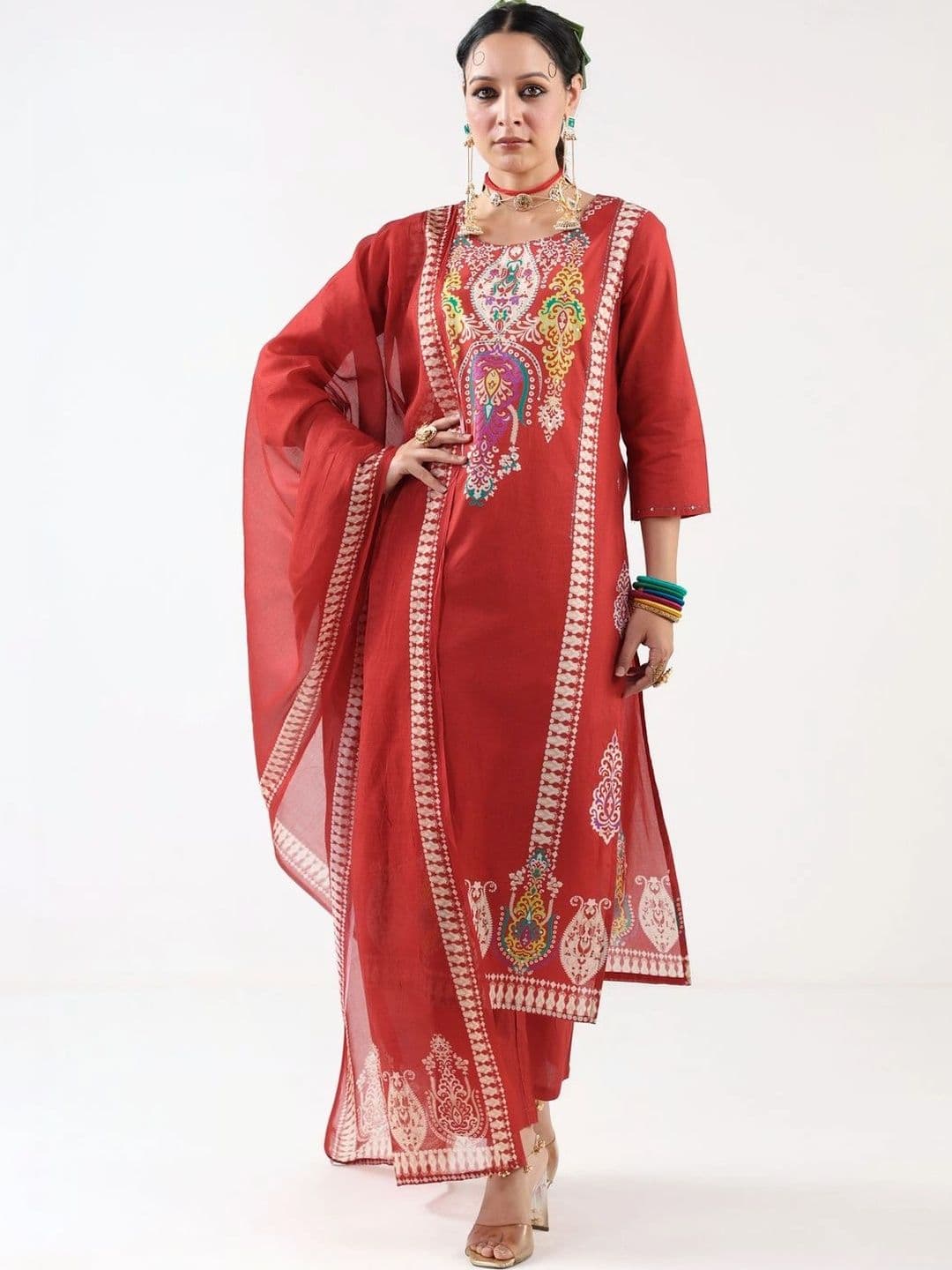 SOURAGYA Women Ethnic Motifs Printed Regular Pure Cotton Kurta with Trousers & With Dupatta - view 1