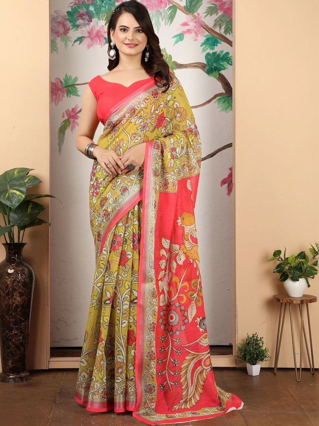 KALINI Kalamkari Zari Pure Linen Fusion Saree - view 1