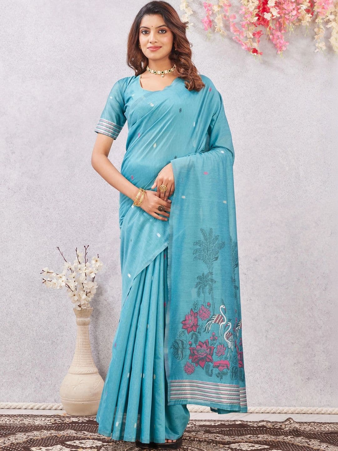 HERE&NOW Floral Linen Blend Fusion Saree - view 1