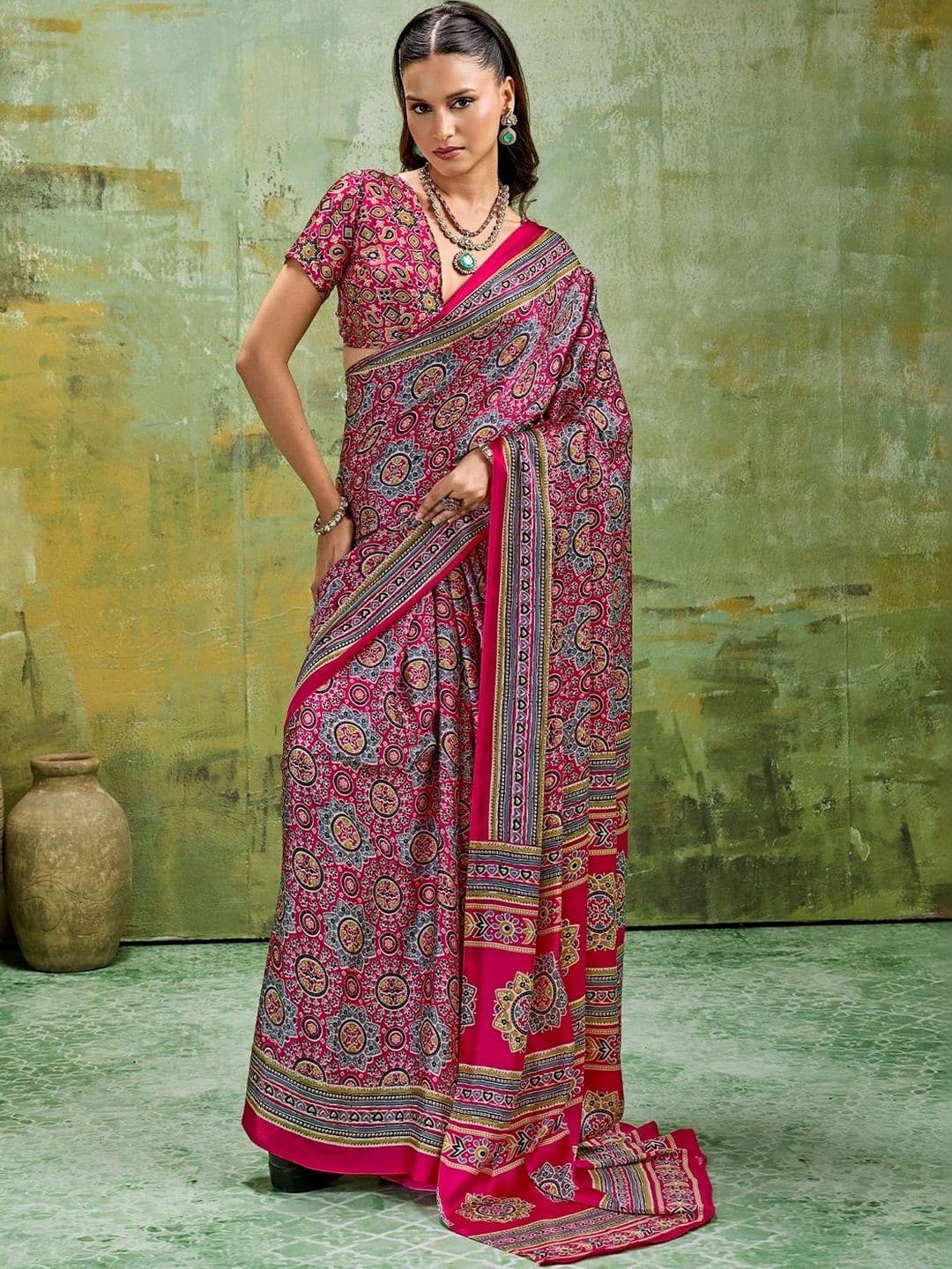 Sangria Ajrak Block Satin Designer Block Print Saree - view 1