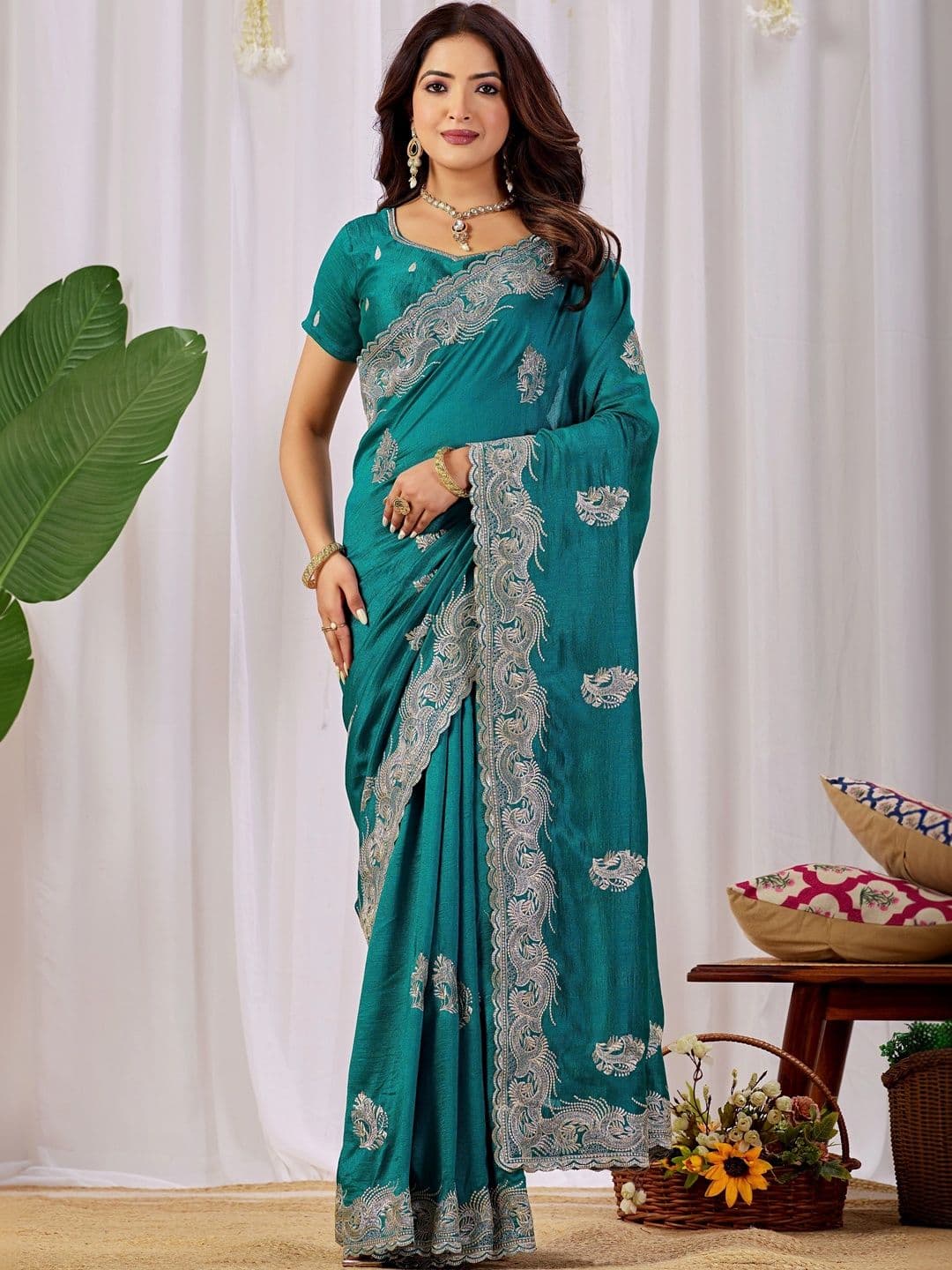 CELEUM Embellished Embroidered Supernet Saree - view 1