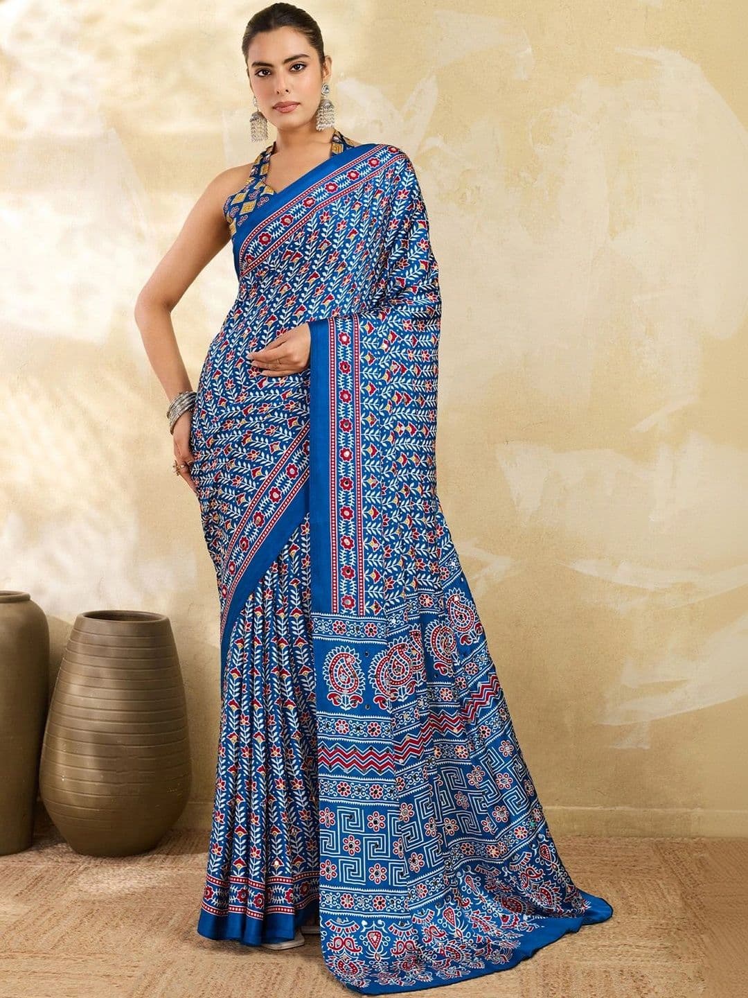 Sangria Ajrak Block Mirror Work Satin Designer Block Print Saree - view 1