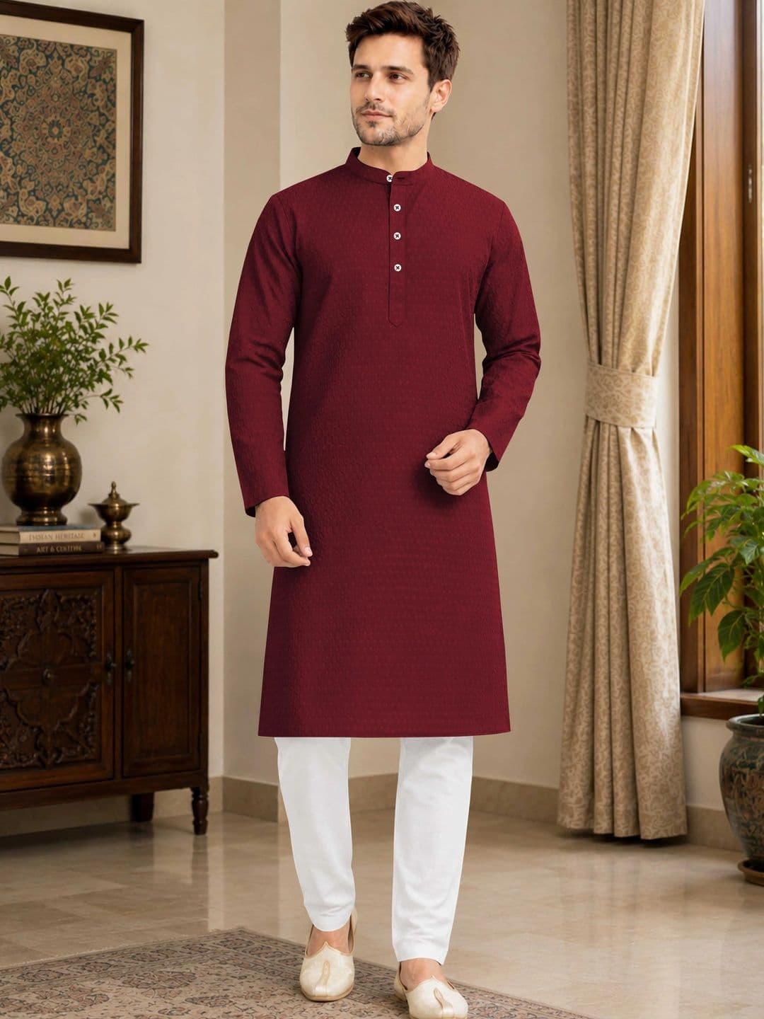 VeBNoR Men Thread Work Dobby Kurta - view 1