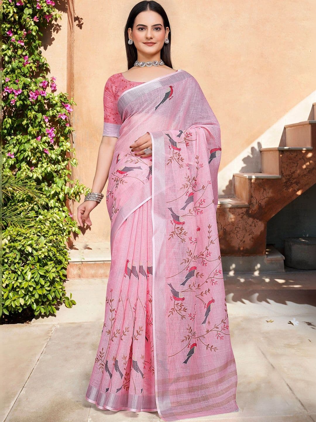 KALINI Floral Zari Pure Linen Fusion Saree - view 1