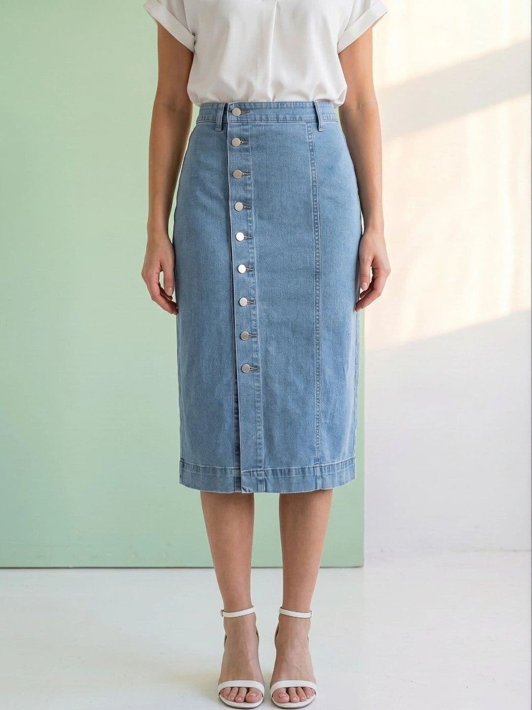 DressBerry Women Denim Blend Front Slit Midi Straight Skirt - view 1