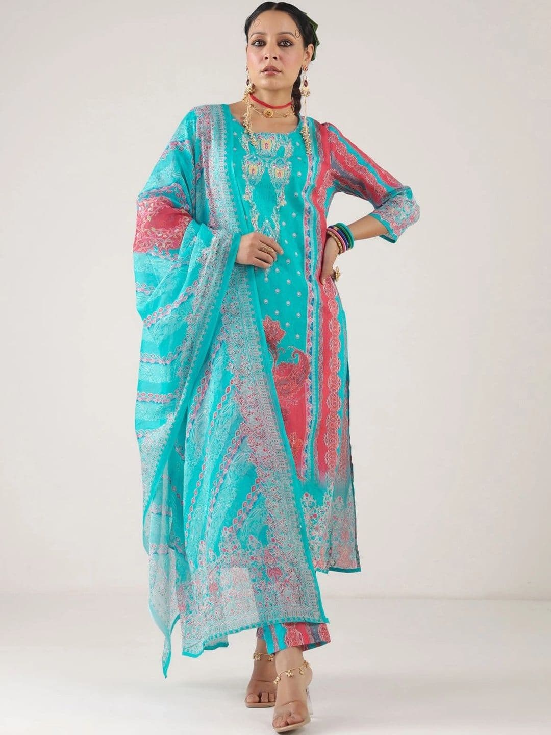 SOURAGYA Women Ethnic Motifs Printed Regular Pure Cotton Kurta with Trousers & With Dupatta - view 1
