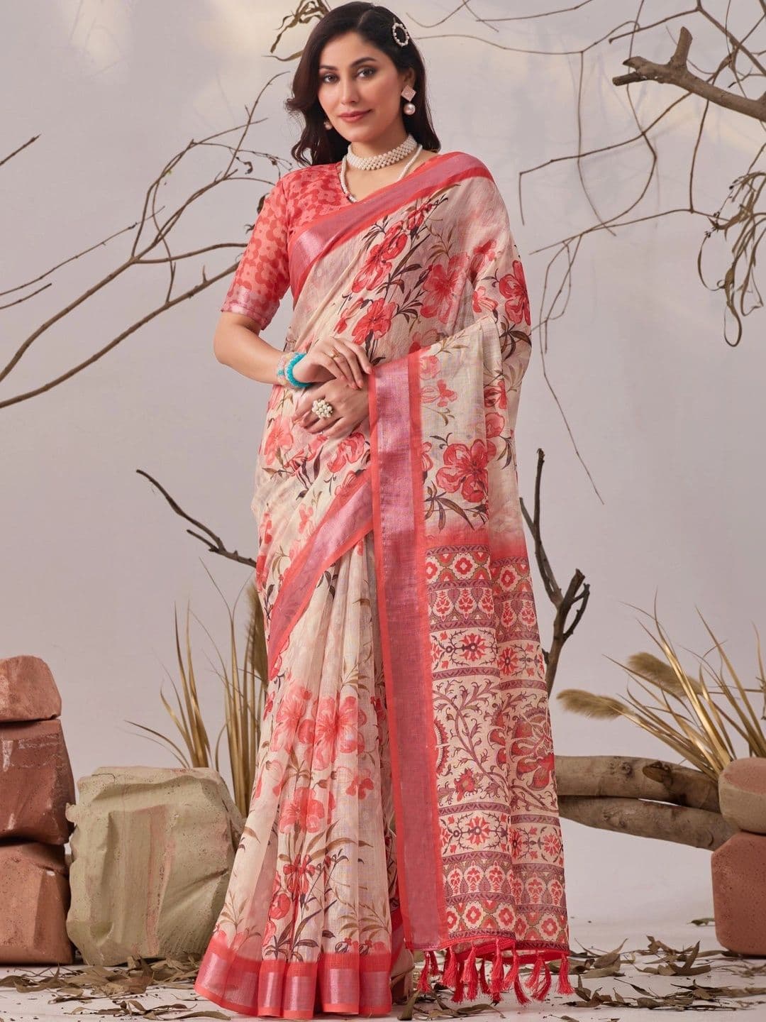Mitera Floral Linen Blend Designer Saree - view 1