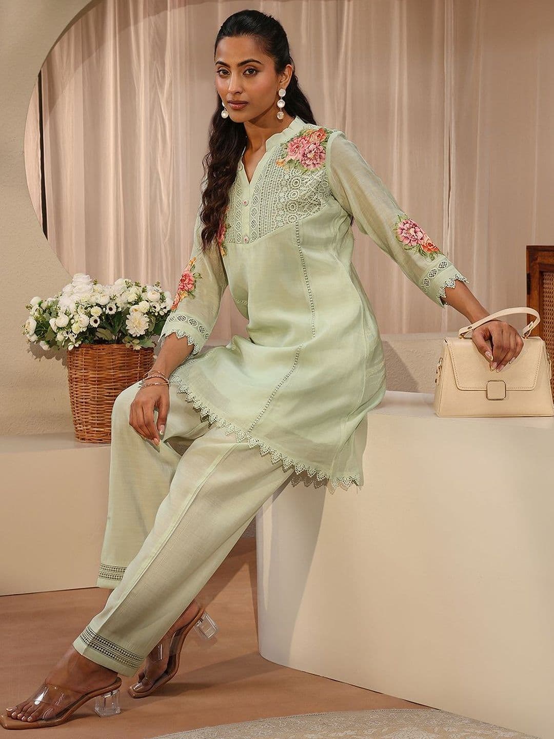Libas Green Floral Embroidered A-Line Kurta Set - view 1