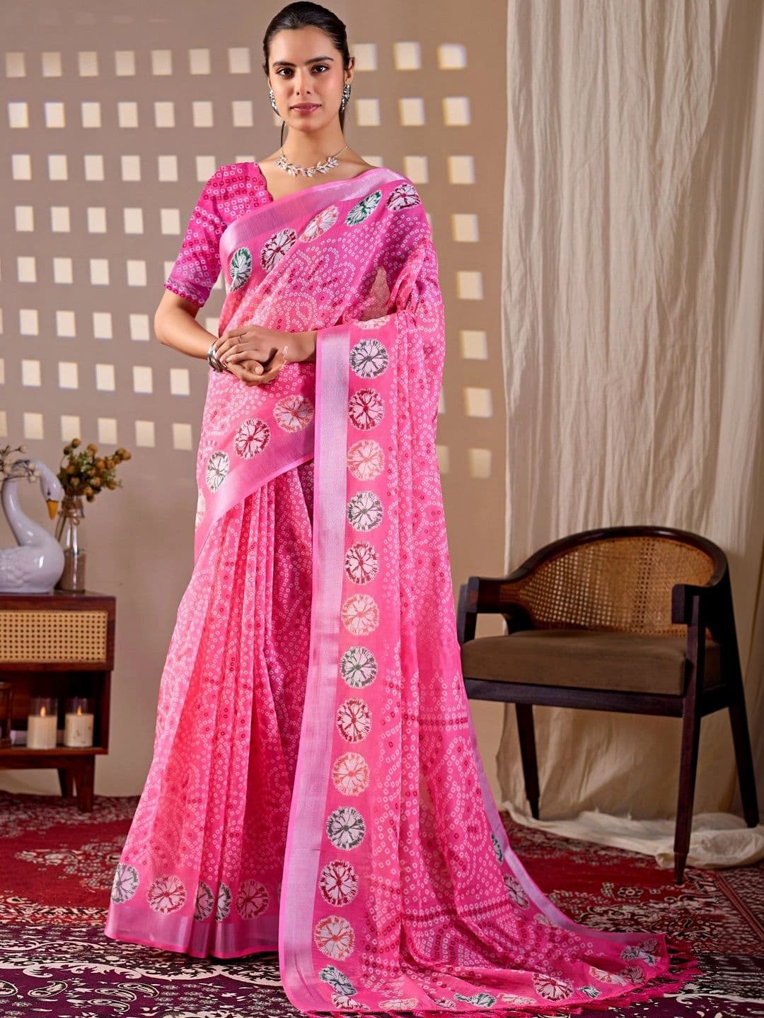 Mitera Bandhani Zari Linen Blend Designer Saree - view 1