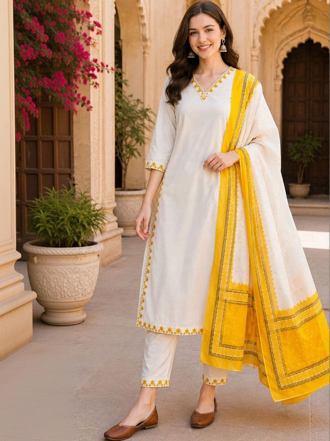 EVANORA Women Ethnic Motifs Embroidered Regular Thread Work Pure Cotton Kurta with Trousers & With Dupatta - view 1