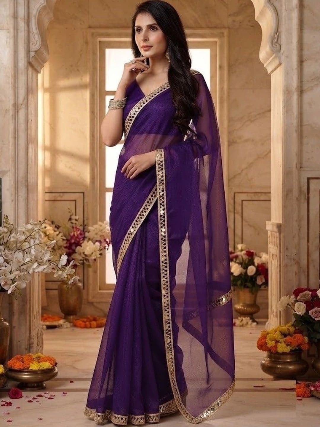 FABMORA Embellished Mirror Work Organza Saree - view 1