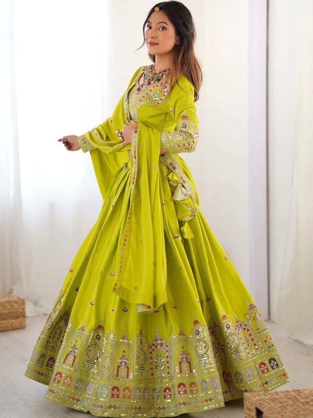 Shringar House Embellished Mirror Work Semi-Stitched Lehenga & Unstitched Blouse Taping - view 1