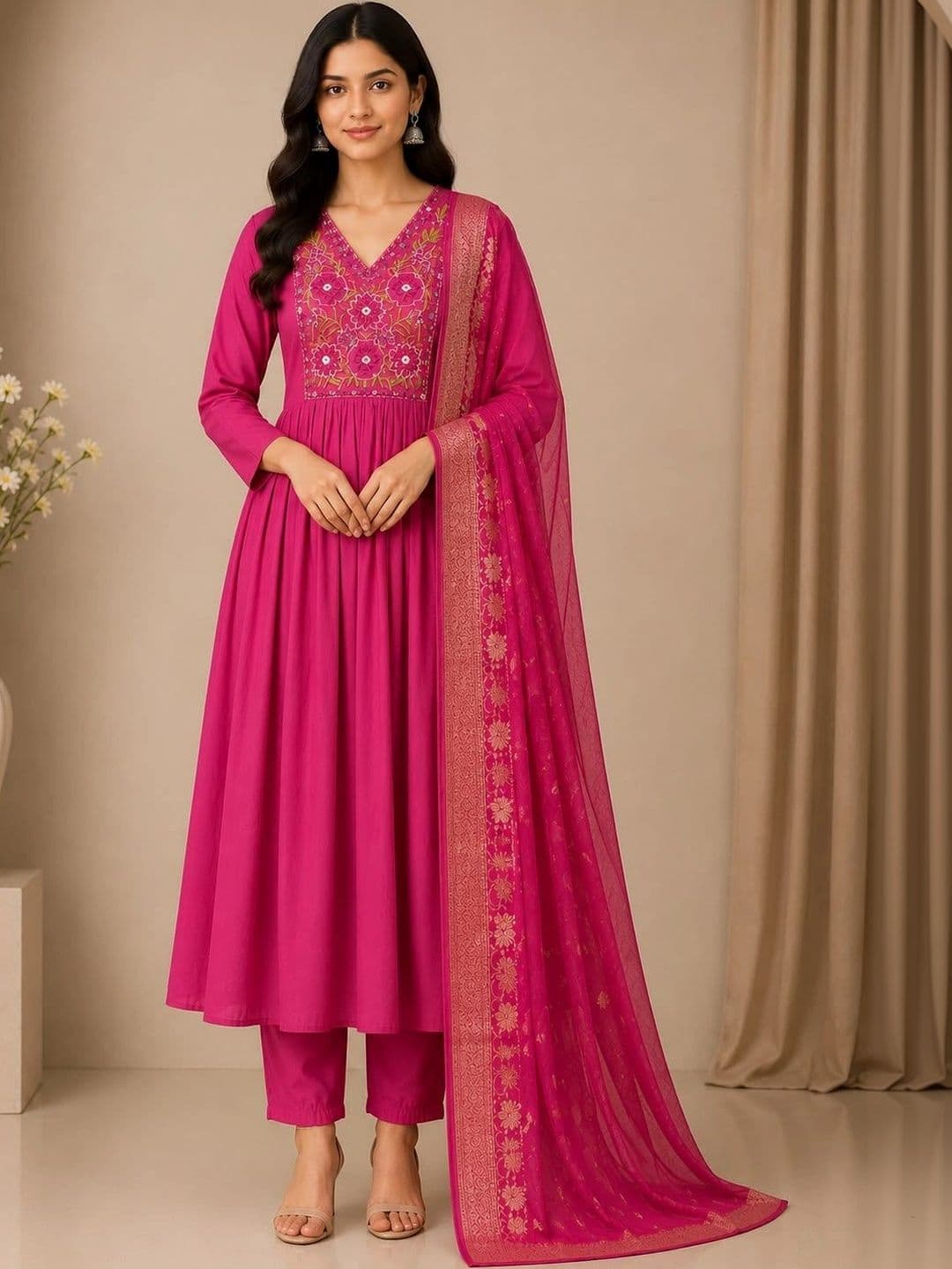 Widhas Women Floral Embroidered Empire Thread Work Chanderi Silk Kurta with Trousers & With Dupatta - view 1