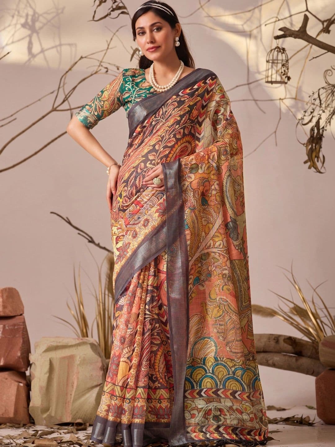 Mitera Ethnic Motifs Zari Linen Blend Fusion Patola Saree - view 1