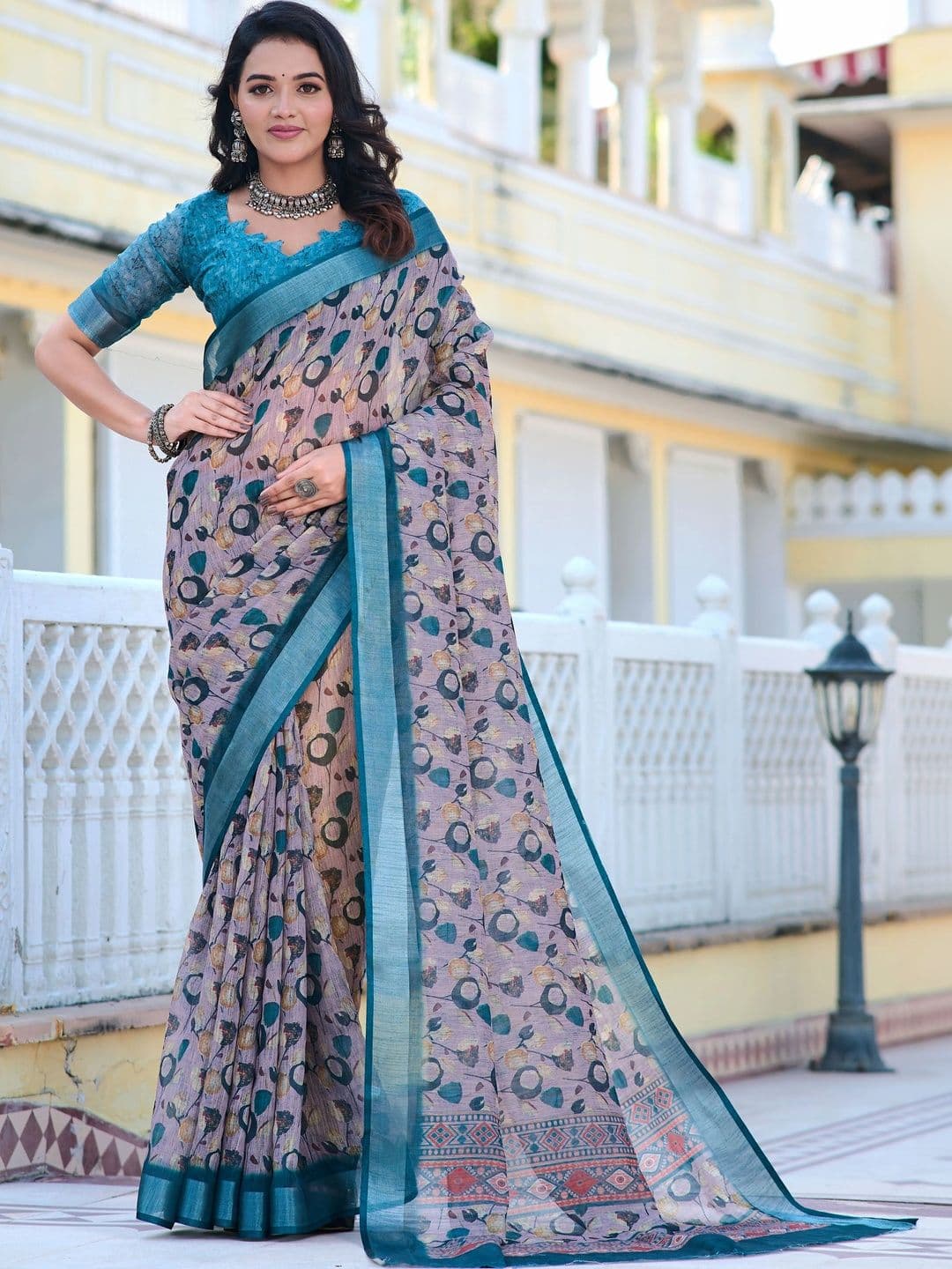 KALINI Floral Zari Pure Linen Fusion Saree - view 1