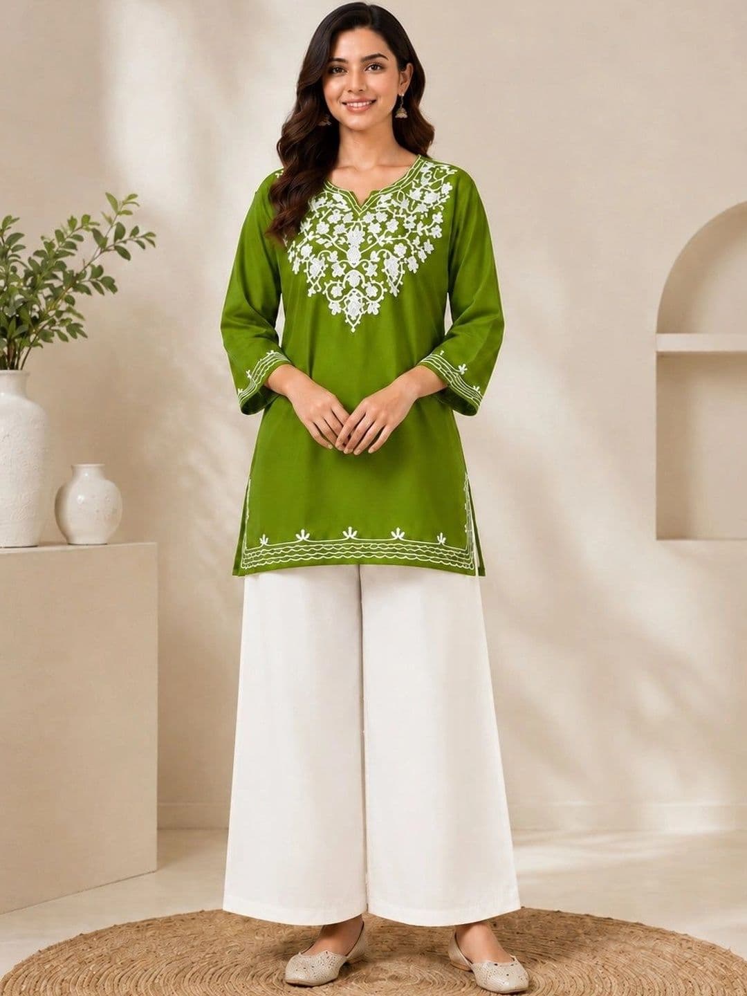 ILMA CREATION Women Ethnic Motifs Embroidered Regular Thread Work Kurti with Palazzos - view 1
