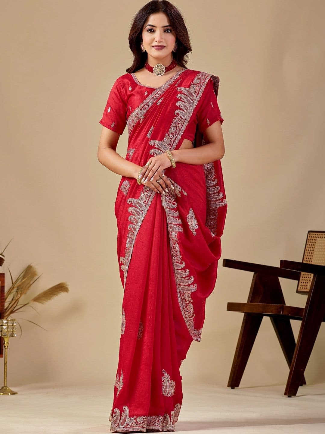 CELEUM Embellished Embroidered Supernet Saree - view 1