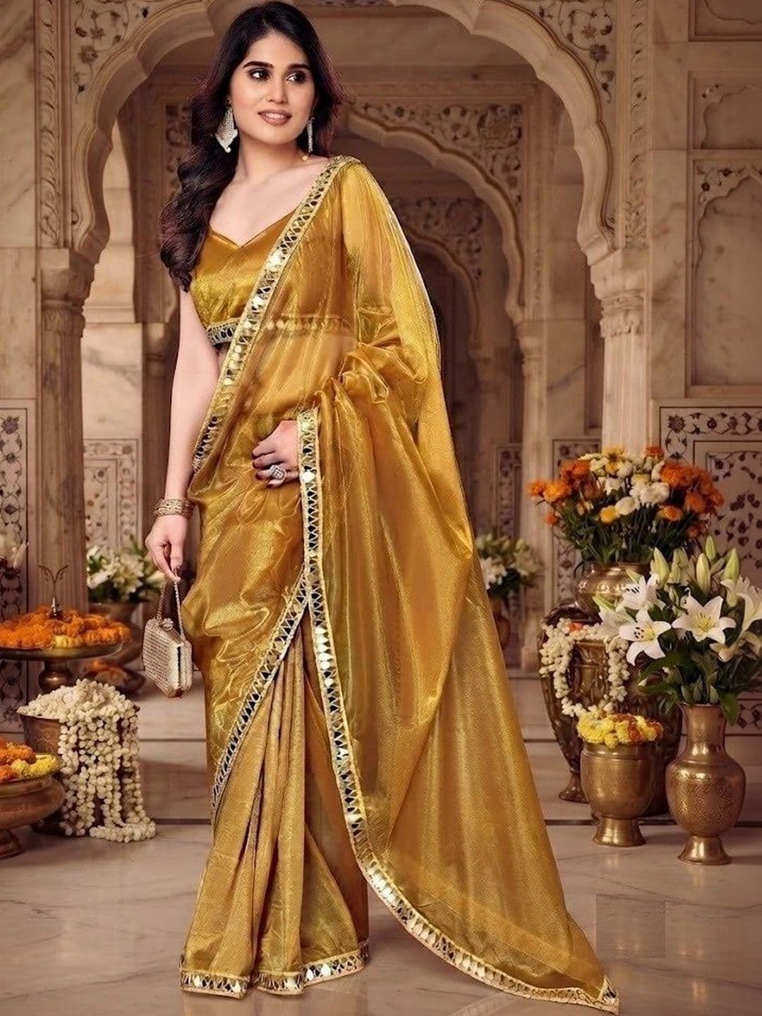 FABMORA Embellished Mirror Work Organza Saree - view 1