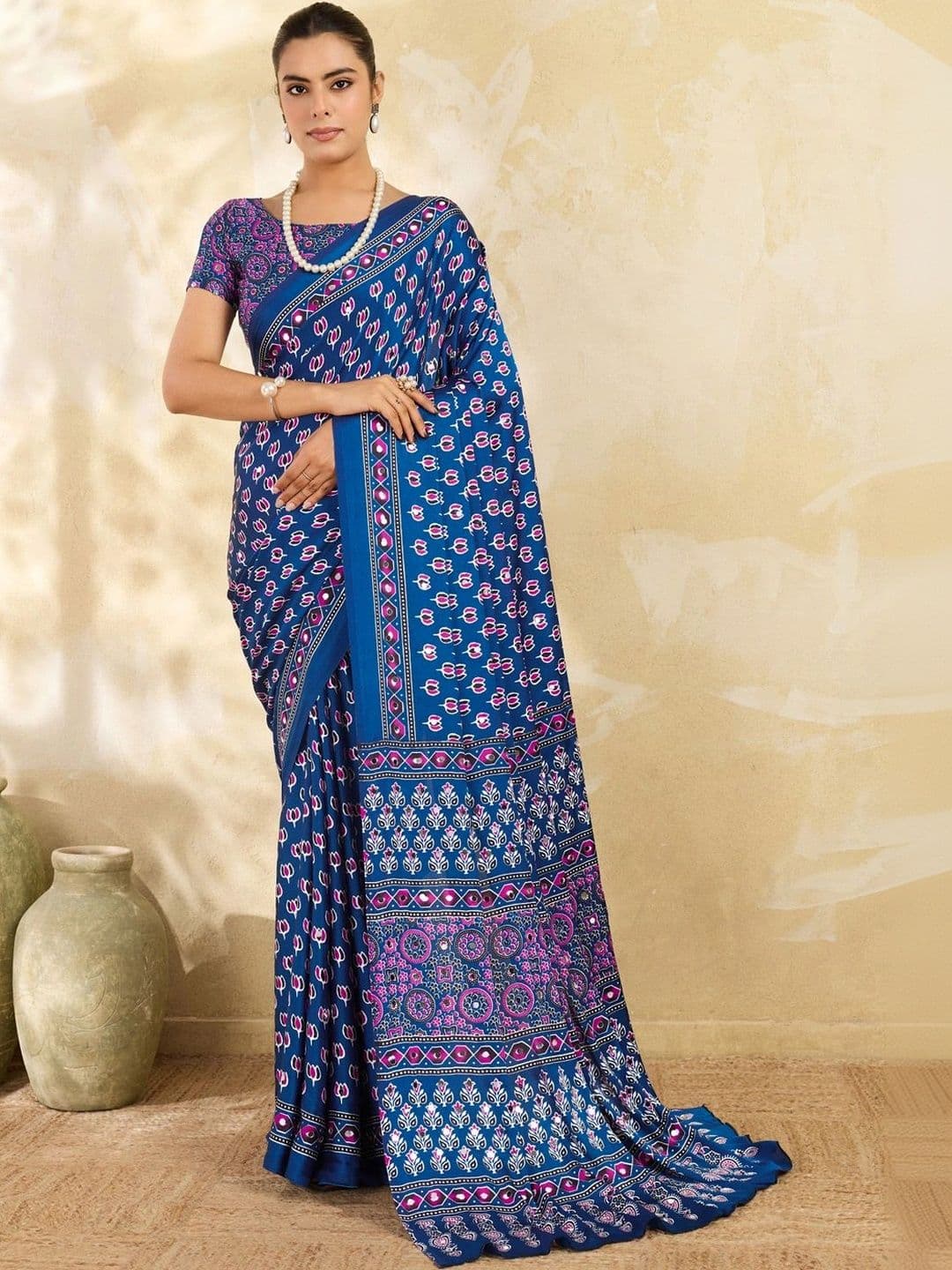 Sangria Bandhani Mirror Work Satin Designer Block Print Saree - view 1