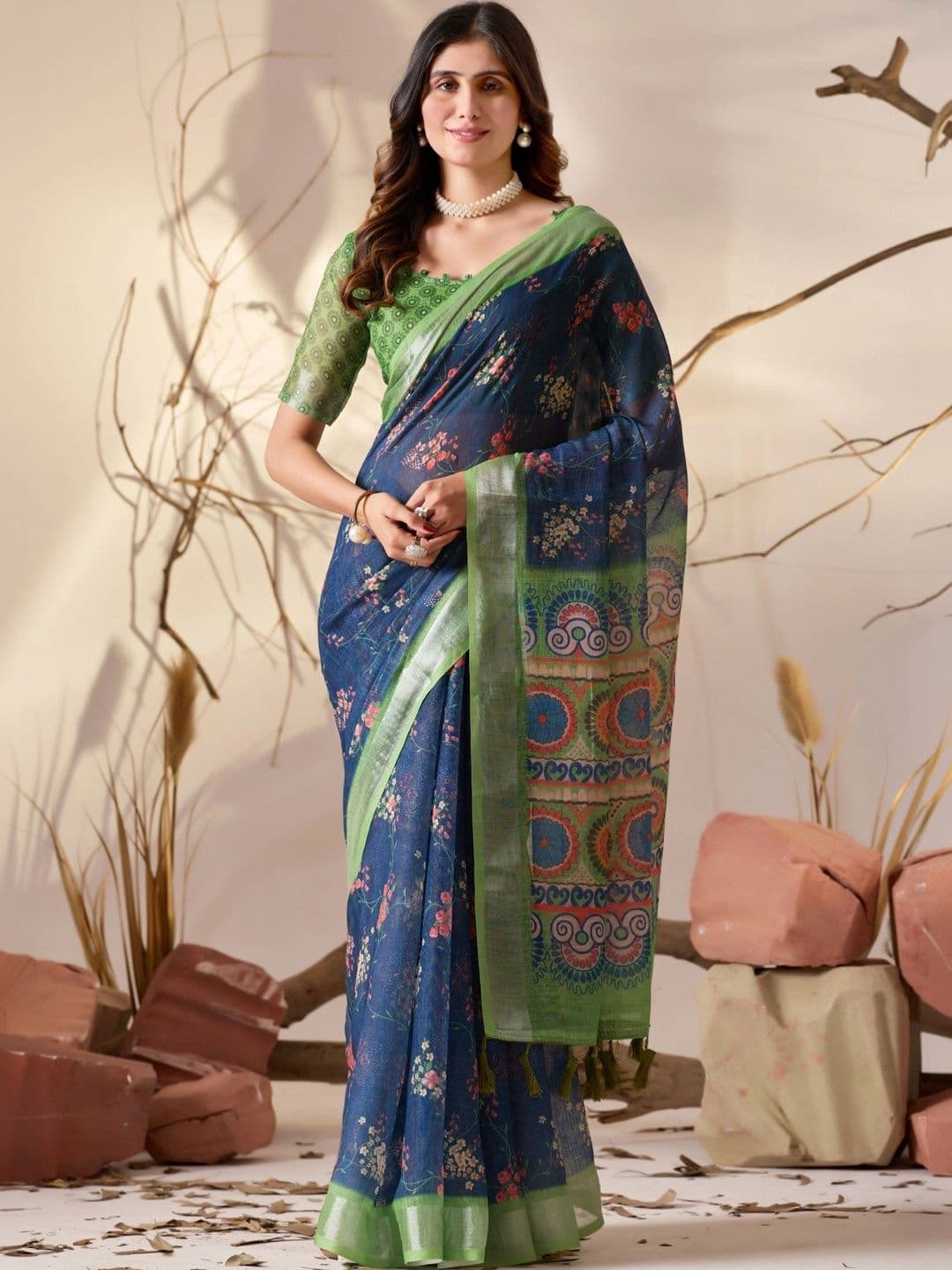 LeeliPeeri Designer Floral Zari Linen Blend Designer Saree - view 1