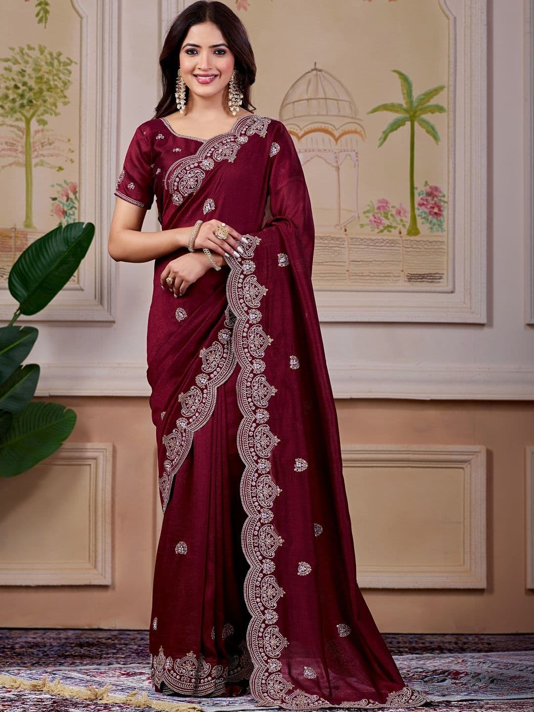 CELEUM Embellished Embroidered Supernet Saree - view 1