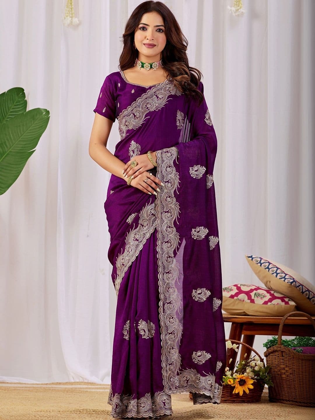 CELEUM Embellished Embroidered Supernet Saree - view 1