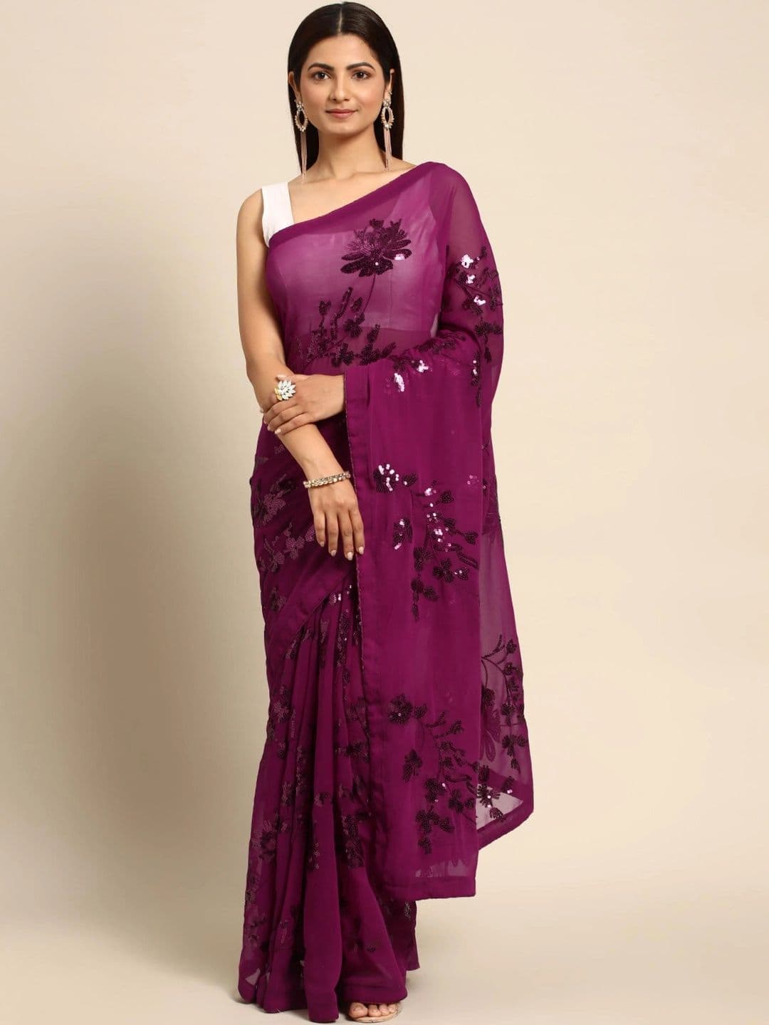 SZN Floral Sequinned Poly Georgette Designer Saree - view 1