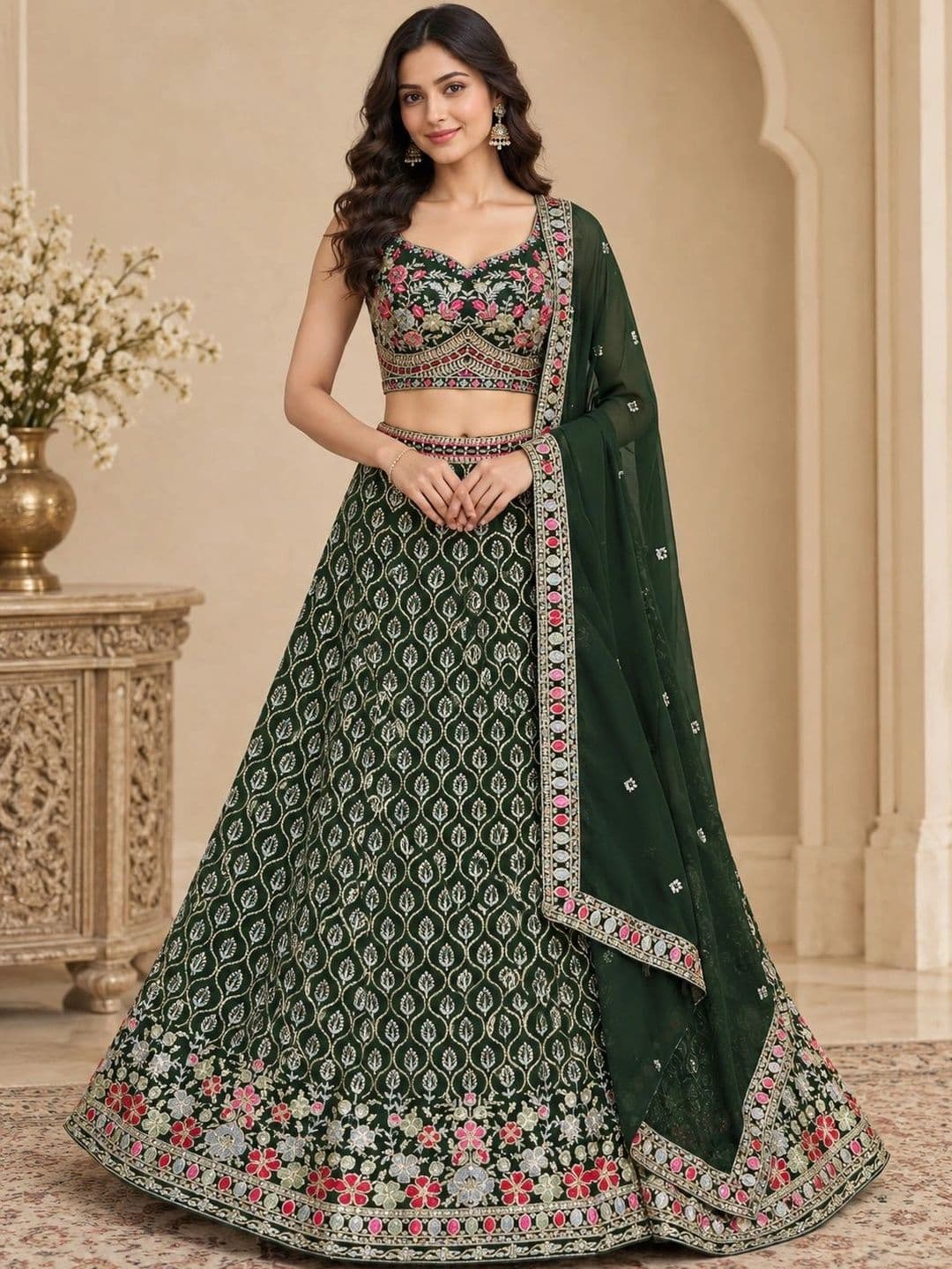 JIHU CULTURE Embroidered Thread Work Semi-Stitched Lehenga & Unstitched Blouse Taping - view 1