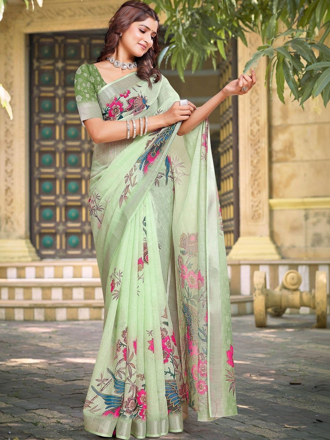 KALINI Floral Zari Pure Linen Fusion Saree - view 1