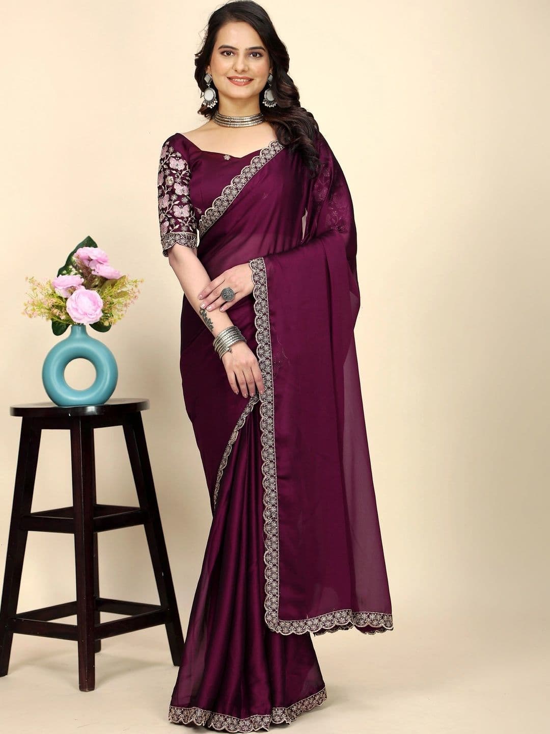 all about you Floral Embroidered Poly Chiffon Designer Saree - view 1