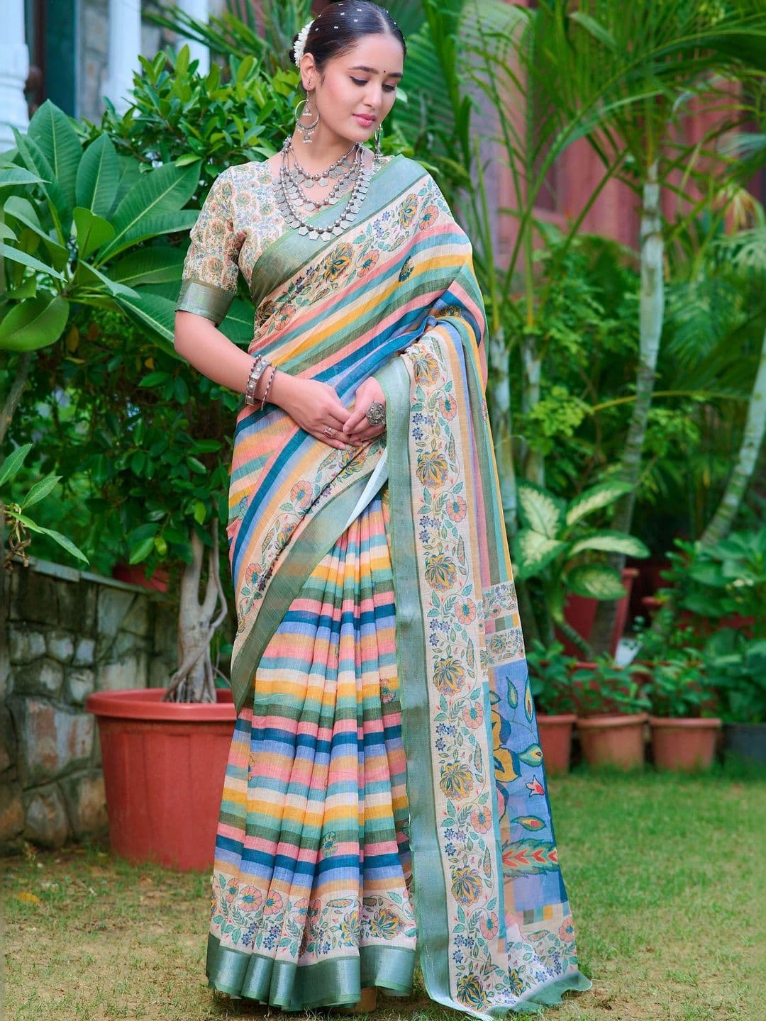 KALINI Floral Zari Pure Linen Fusion Saree - view 1