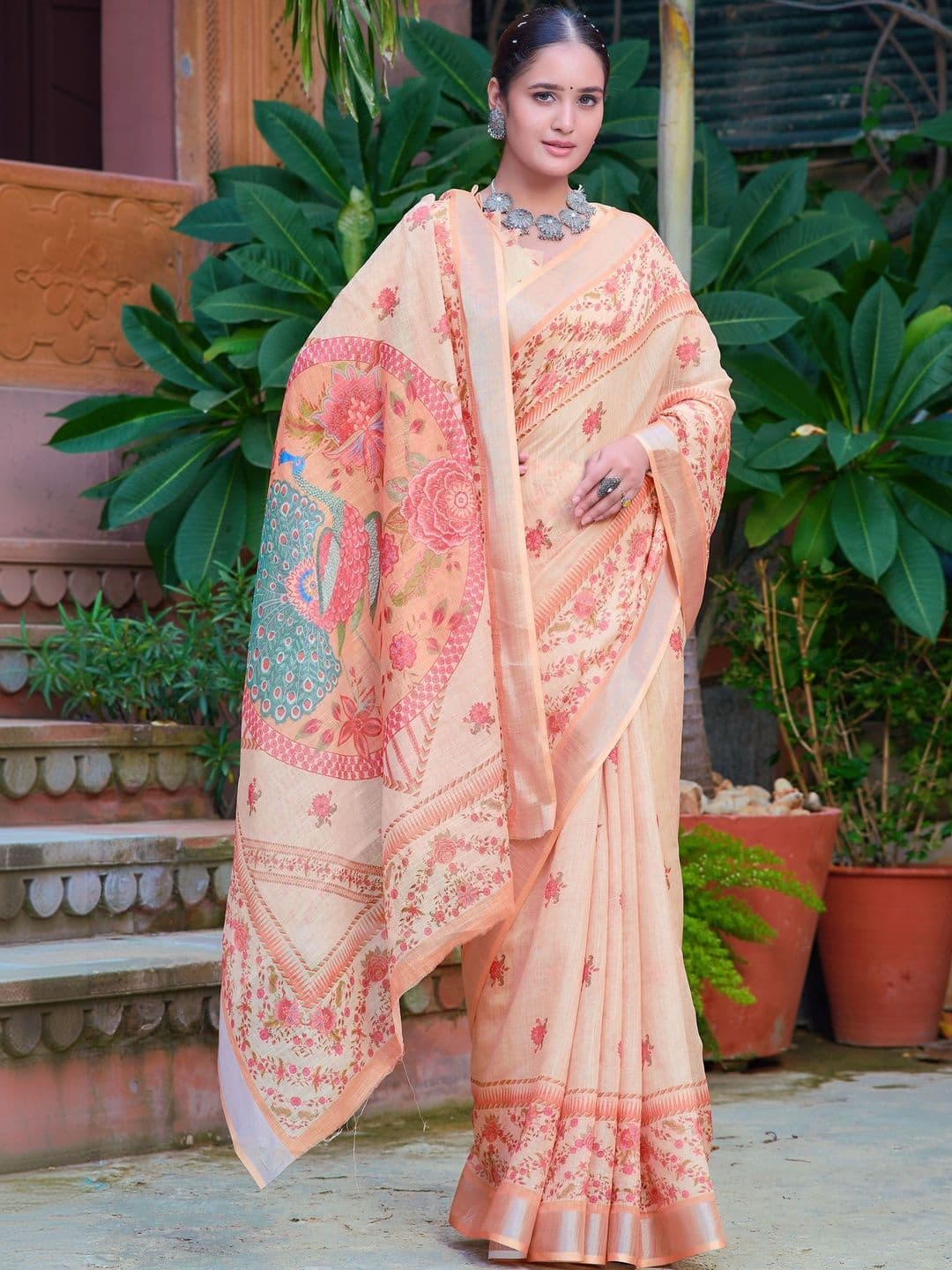 KALINI Floral Zari Pure Linen Fusion Saree - view 1