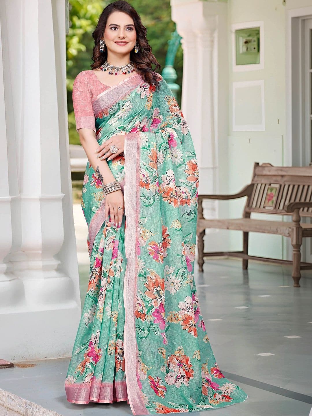 KALINI Floral Zari Pure Linen Fusion Saree - view 1