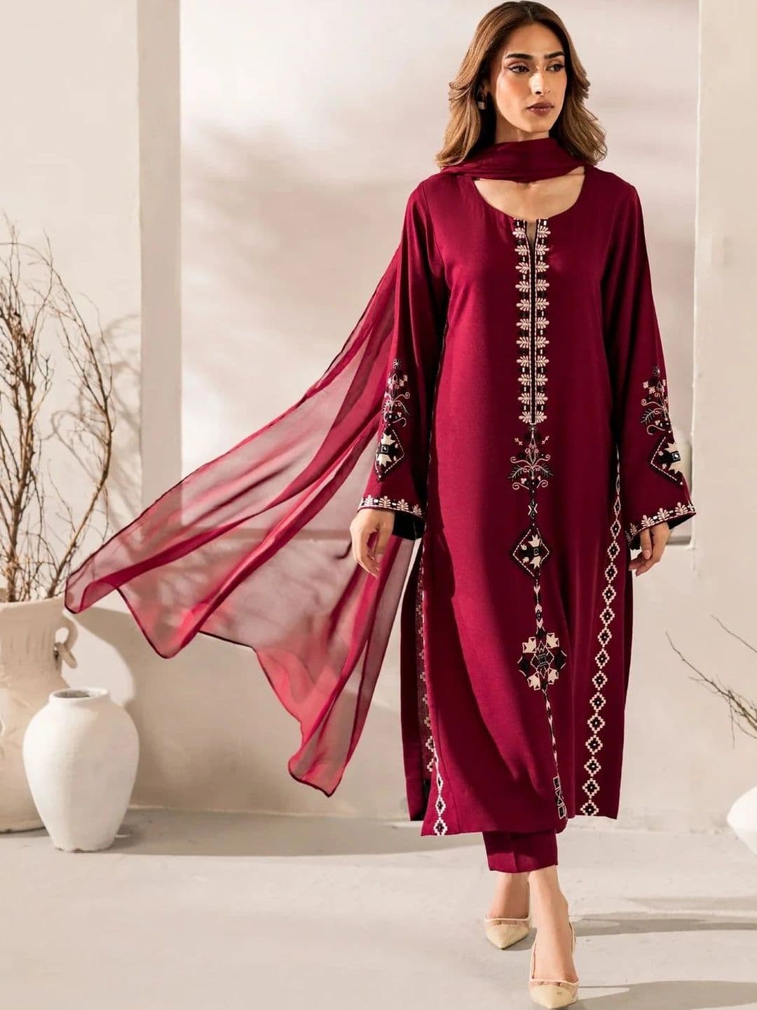 HERE&NOW Women Ethnic Motifs Embroidered Regular Thread Work Kurta with Trousers & With Dupatta - view 1