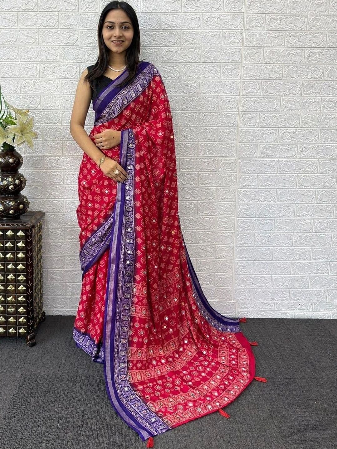 KOMAL NX Ethnic Motifs Mirror Work Pure Cotton Designer Saree - view 1