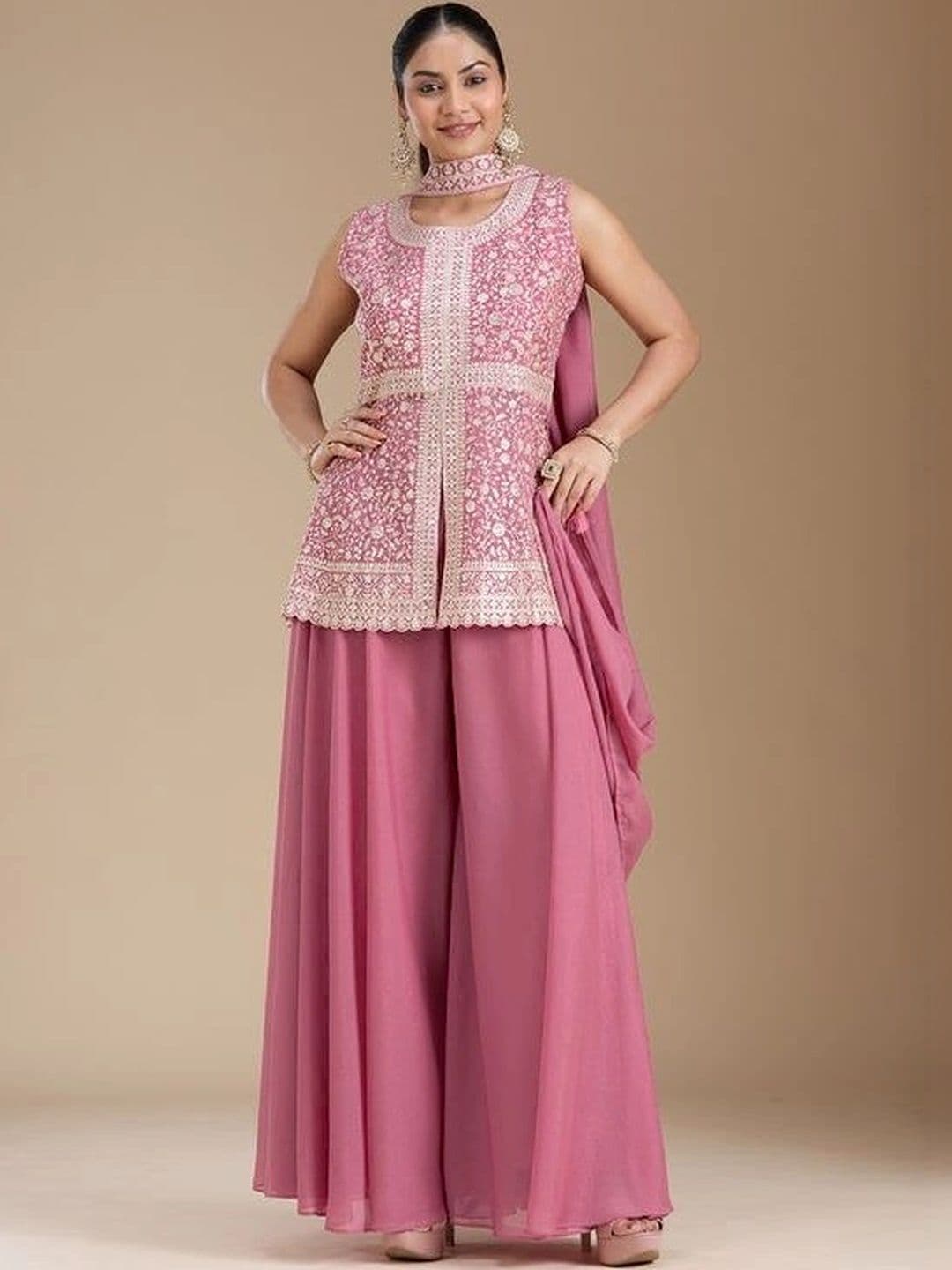 GO SRI SAREES Women Ethnic Motifs Embroidered Tiered Thread Work Silk Georgette Kurta with Palazzos & With - view 1